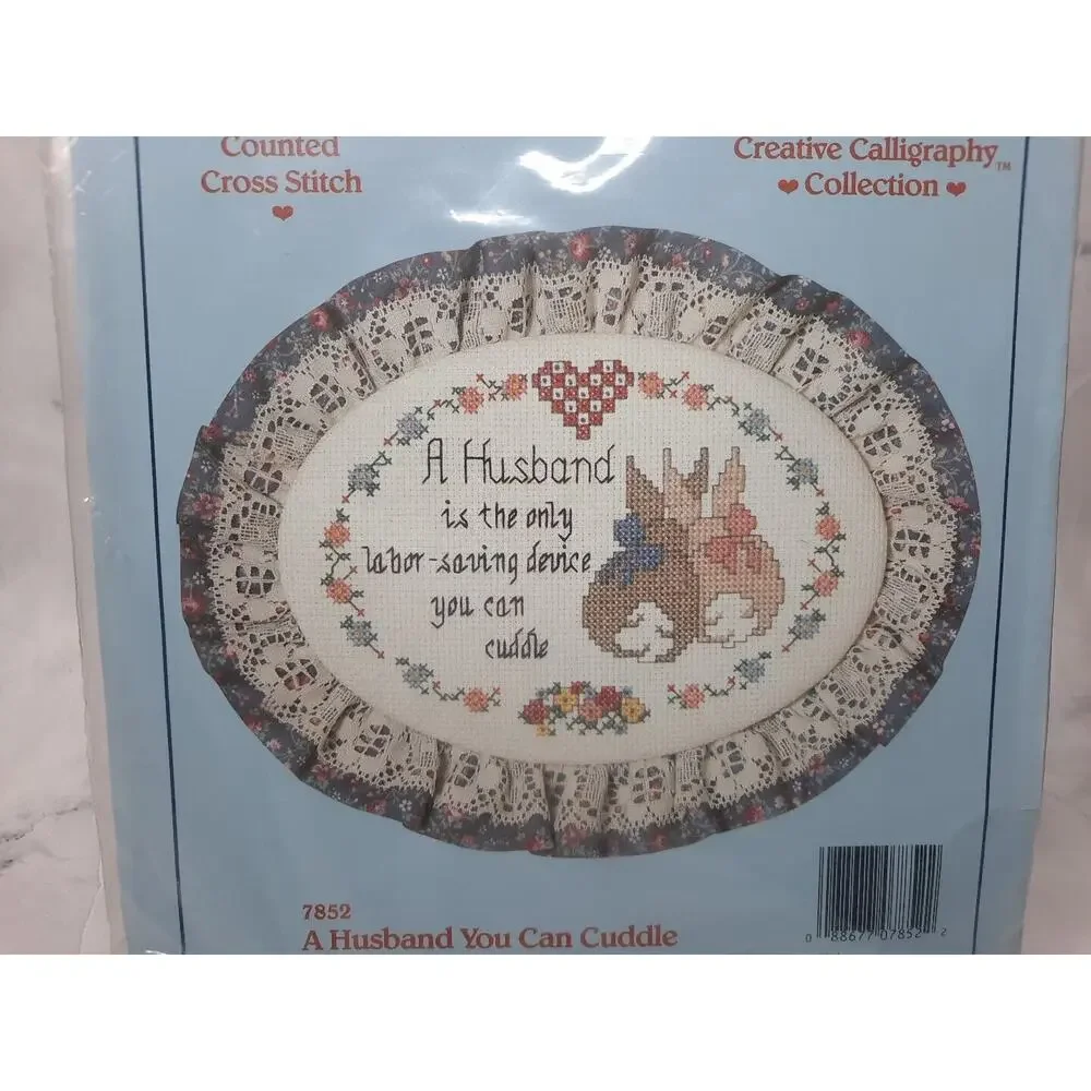 1989 Dimensions Stitchables Cross Stitch Kit A Husband You Can Cuddle 5x7 Oval